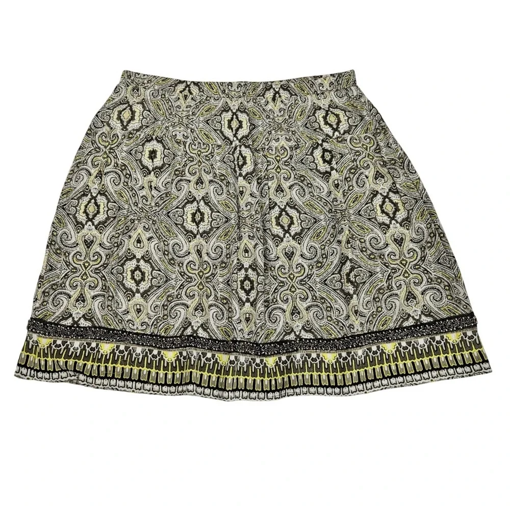 Dress Barn Women L Paisley Medallion Beaded Trim A-Line Skirt‎ Olive Yellow Boho